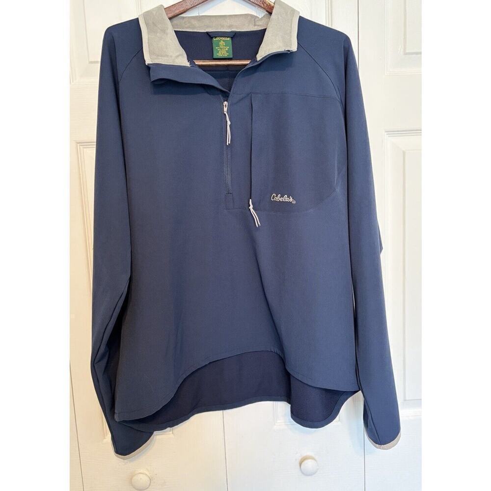 Cabelas Men's Large Blue 1/4 Zip Windbreaker Suede Collar XL Pockets Outdoors